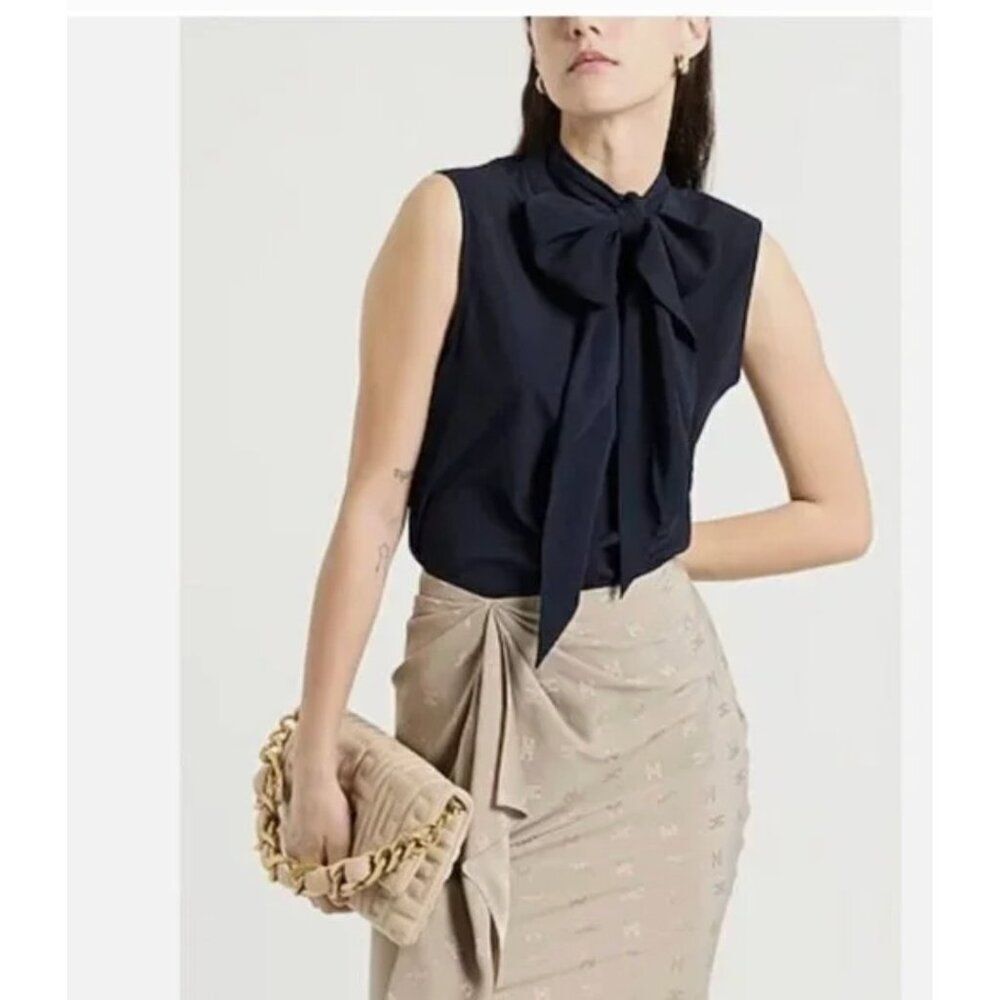Tory Burch Womens Sleeveless Bow Blouse Size 12 Large Navy Blue Polyester NWT